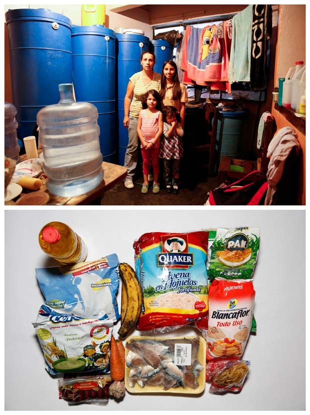 Yaneidy Guzman e suas filhas em sua casa em Caracas; abaixo, as comidas que foram encontradas (Foto: REUTERS/Carlos Garcia Rawlins)