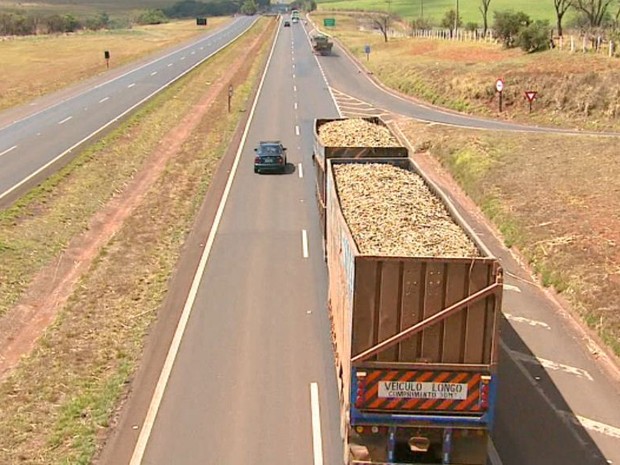 Caminhão carrega cana-de-açúcar sem cobertura de lona ou telas em rodovia (Foto: Reginaldo dos Santos/EPTV)