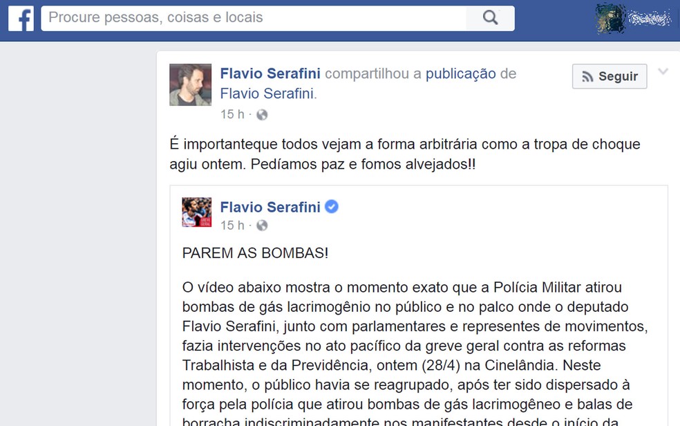 Deputado Flavio Serafini afirmou que ação da PM foi 'arbitrária' (Foto: Reprodução/Facebook)