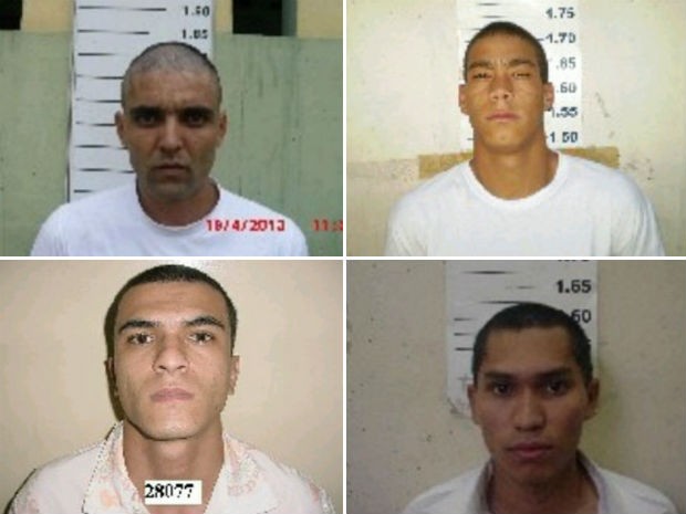 Quatro fugitivos da Penitenciária da Papuda seguiam foragidos até a manhã de segunda (22); no alto, à esquerda, em sentido horário: Seymy Gouveia Lima, Marcos Antônio Moreira dos Santos, Michael da Mata Silva e Francisco dos Santos Alves (Foto: GDF/Reprodução) Quatro fugitivos da Penitenciária da Papuda seguiam foragidos até a manhã de segunda (22); no alto, à esquerda, em sentido horário: Seymy Gouveia Lima, Marcos Antônio Moreira dos Santos, Michael da Mata Silva e Francisco dos Santos Alves (Foto: GDF/Reprodução)