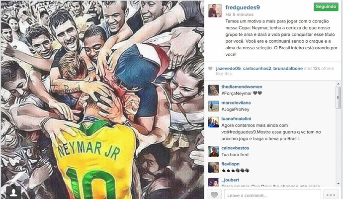 Fred envia recado para Neymar após se emocionar com lesão do jogador (Foto: Reprodução/Twitter)
