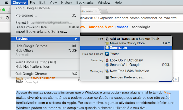 Ativando o resumo de texto do Mac OS X (Foto: Reprodução/Marvin Costa)