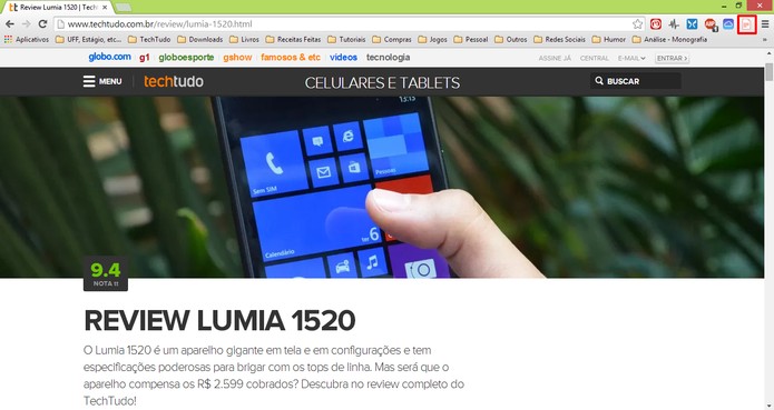 Clique no botão do Kopy para enviar endereço da página aberta no Chrome para o seu Windows Phone (Foto: Reprodução/Elson de Souza)