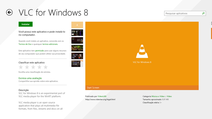 VLC para Windows 8 pode ser instalado a partir da loja Windows Store (Foto: Reprodução/Elson)