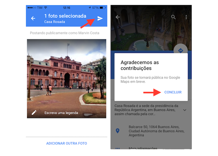 Enviando uma foto do iPhone para a página de um local no Google Maps (Foto: Reprodução/Marvin Costa)