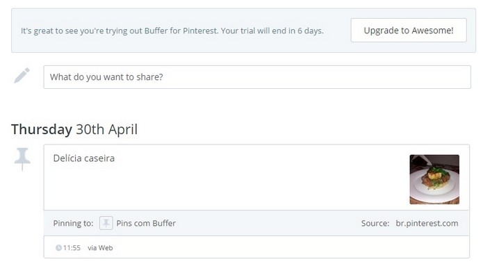 Buffer mostra agendamento de publicação do pin no Pinterest (Foto: Reprodução/ Raquel Freire)