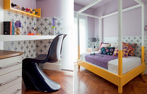 O quarto de Victória, 13 anos, foi pintado de lilás e revestido com adesivo com desenho da arquiteta Andrea Murao. Ficou romântico, mas moderno, perfeito para a adolescente