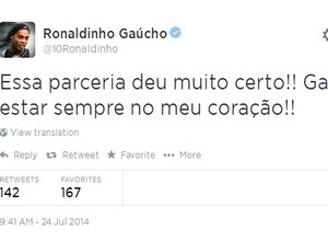 Ronaldinho Gaúcho posta sobre a aprceria com o Atlético-MG (Foto: Reprodução/Twitter)