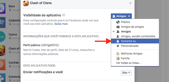 Alteração de privacidade de um aplicativo vinculado ao Facebook (Foto: Reprodução/Marvin Costa)