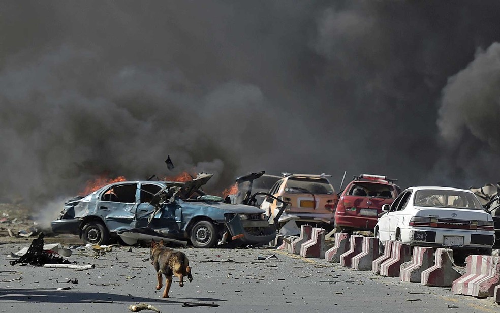 Um cão corre perto de local de explosão em Cabul (Foto: Shah Marai / AFP Photo)