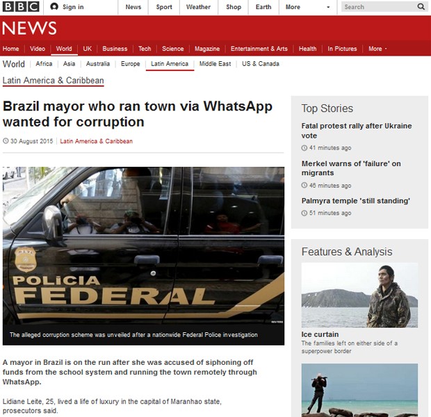 BBC destaca busca por prefeita que comandava cidade via WhatsApp (Foto: Reprodução / BBC)