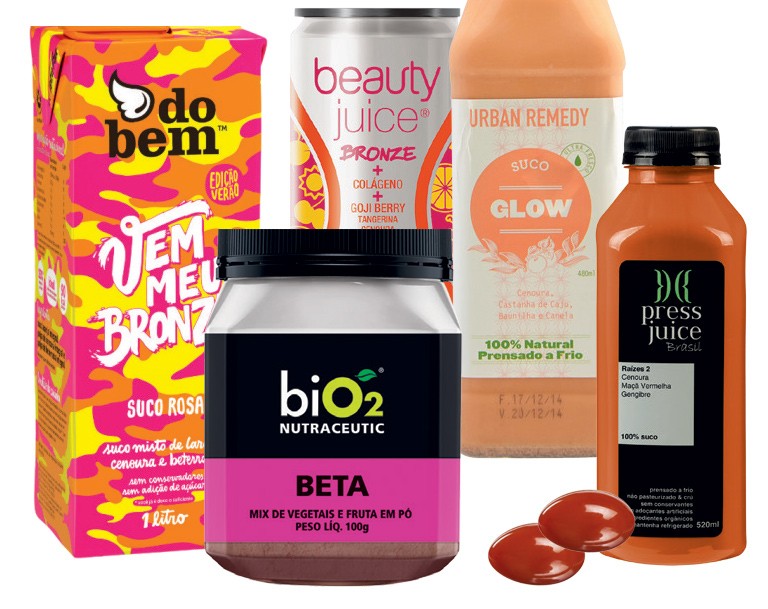 Mistura em pó para bebidas Beta, R$ 64, biO2.  Innéov Solar, R$ 105, Innéov. Suco Raízes 2, R$ 20, Press Juice. Suco Vem Meu Bronze, R$ 12, do bem. Suco Glow, R$ 25, Urban Remedy.  Juice Bronze, R$ 5, Beauty’in (Foto: Patrick Demarchelier / Arquivo Vogue, Imaxtree, Marcio Madeira, Thinkstock e Divulgação)