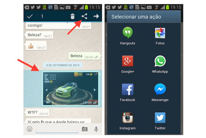 Compartilhando uma imagem do chat do WhatsApp com as rede sociais no Android (Foto: Reprodução/Marvin Costa)