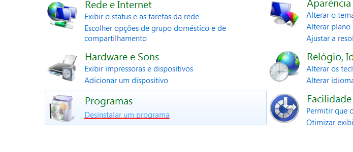 Dentro do Painel de Controle, encontre a opção Desinstalar um Programa
