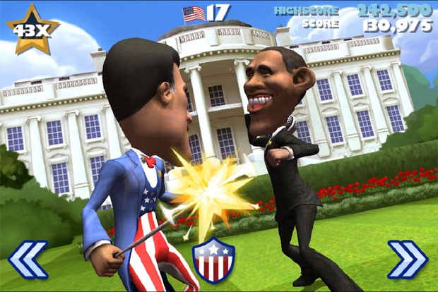 Barack Obama, ao fundo, e Mitt Romney se enfrentam em uma briga virtual no game 'Vote: The Game' (Foto: Divulgação)