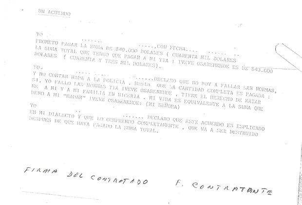 Contrato de prostitutas nigerianas que cedem sua vida para os traficantes (Foto: Reprodução)