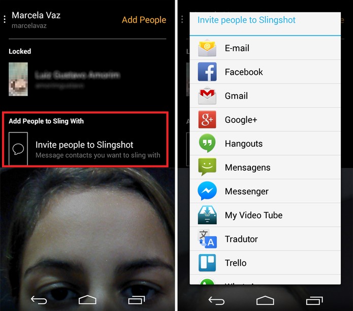 Convidando os amigos para usarem o Slingshot (Reprodução/ Marcela Vaz)