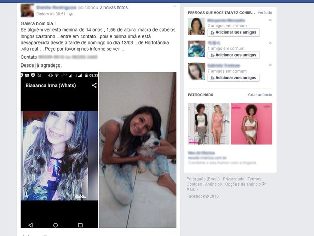 Família anuncia desaparecimento de jovem em Hortolândia e pede ajuda pelas redes sociais (Foto: Reprodução/Facebook)
