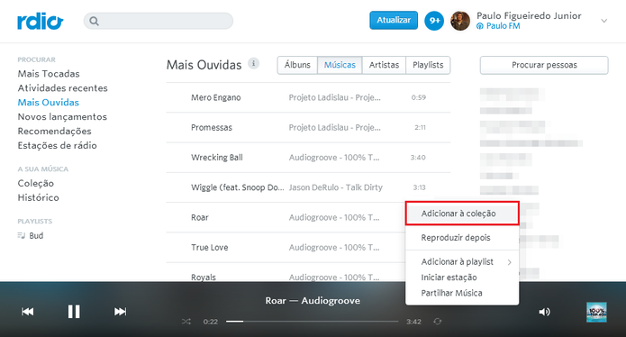 Coloque a seta do mouse sobre a duração da música, clique no ... que aparece, e escolha Adicionar à coleção (Foto: Reprodução/Paulo Finotti)