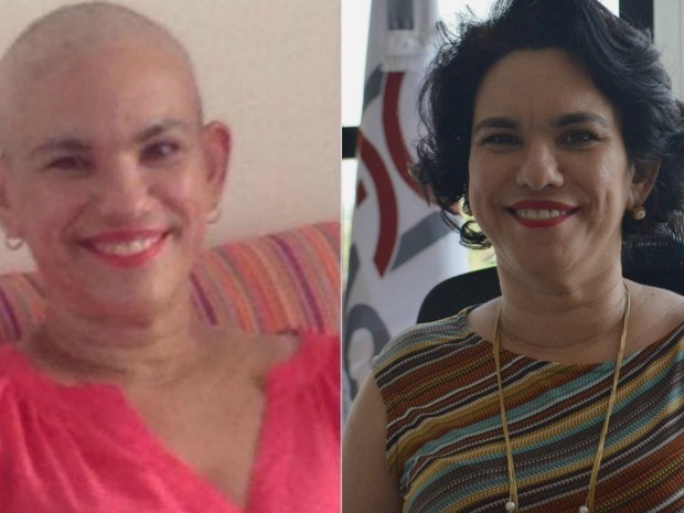 Kátia com o cabelo raspado no 5º mês do tratamento (dir.) e atualmente em seu gabinete no MP-AC (esq.) (Foto: Arquivo pessoal/Aline Nascimento/G1)