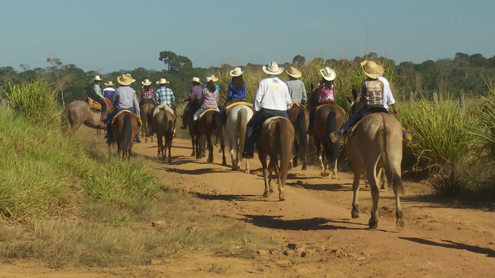 Grupo percorre em cavalgada para se juntar em evento da Expoari (Foto: Rede Amaz&ocirc;nica/Reprodu&ccedil;&atilde;o)