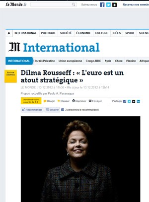 Página da edição virtual do 'Le Monde' com entrevista com a presidente Dilma Rousseff (Foto: Reprodução)