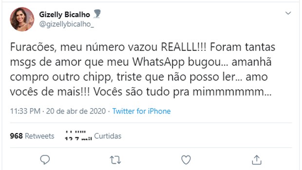 Gizelly Bicalho, do BBB 20, diz que seu número de telefone vazou (Foto: Reprodução/Twitter) Gizelly Bicalho, do BBB 20, diz que seu número de telefone vazou (Foto: Reprodução/Twitter)