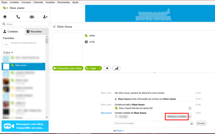 Entre na sua nova conta Skype e clique em Adicionar para poder conversar com contato recebido (Foto: Reprodução/Elson de Souza)