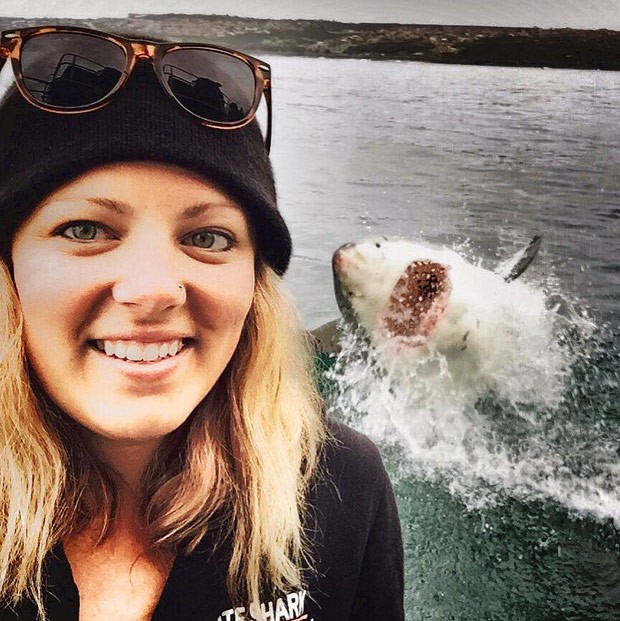 Amanda Brewer fez selfie incrível com grande tubarão branco em posição de ataque ao fundo (Foto: Reprodução/Facebook/Amanda Brewer)