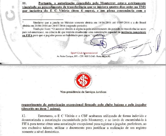 Internacional Inter STJD documentos Victor Ramos Vitória Inter (Foto: Reprodução)
