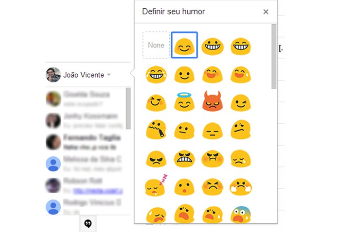 Sistema de humor permite escolher mais de 80 emojis no Hangouts do Gmail (Foto: Reprodução/João Kurtz) Sistema de humor permite escolher mais de 80 emojis no Hangouts do Gmail (Foto: Reprodução/João Kurtz)