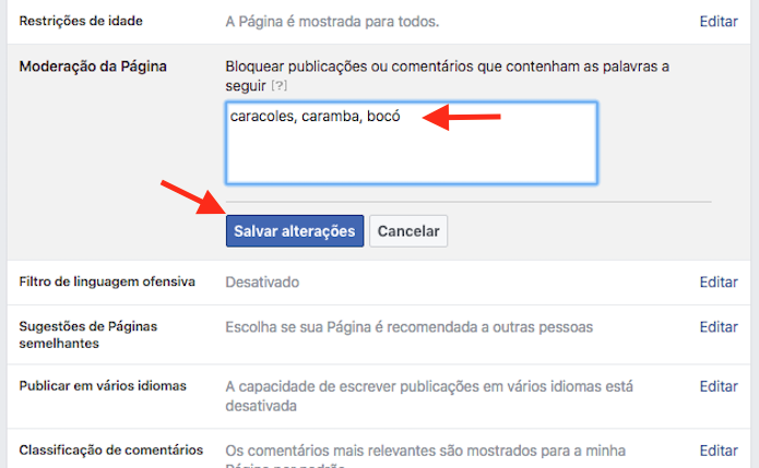 Palavras que serão bloqueada automaticamente em comentários de páginas no Facebook (Foto: Reprodução/Marvin Costa)
