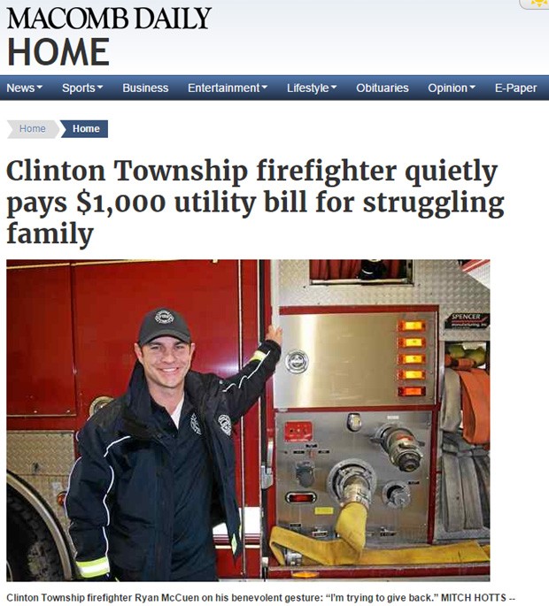 O bombeiro Ryan McCuen: ato de bondade que o transformou em herói da cidade (Foto: Reprodução/Macomb Daily)