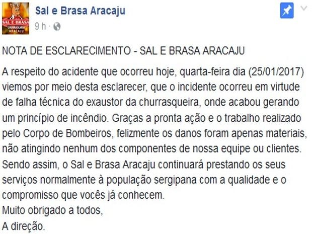 Nota oficial divulgada pela churrascaria (Foto: Facebook/Divulgação)