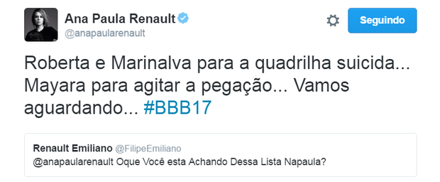 Ana Paula Renault comenta a lista do BBB 17 (Foto: Reprodução/Twitter)