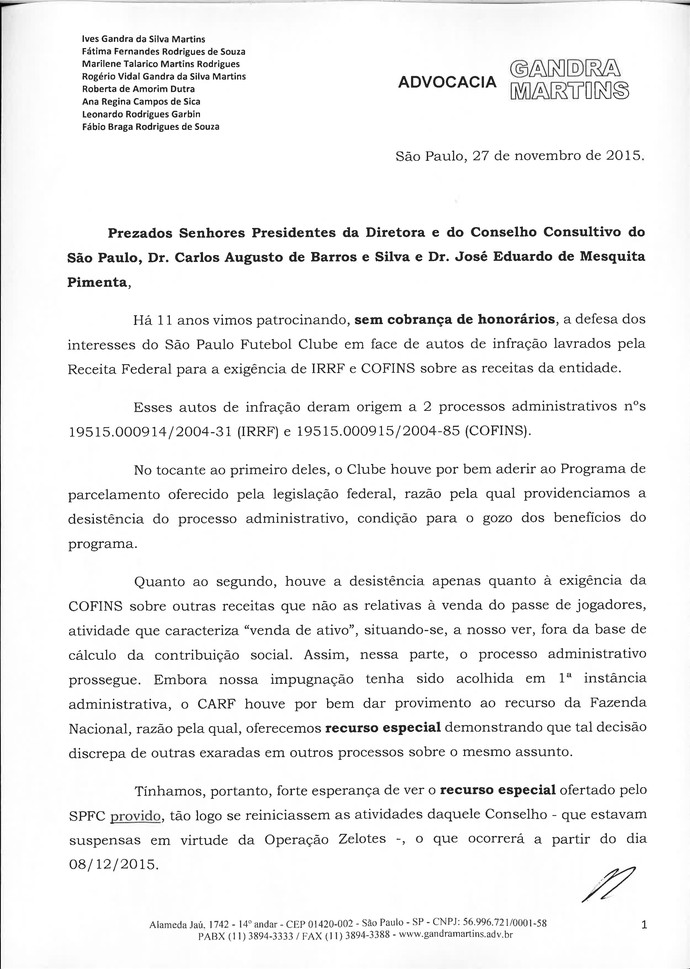 Carta Ives Gandra para Leco São Paulo 1 (Foto: Arte: GloboEsporte.com)