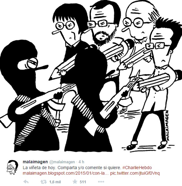 Chileno Mala Imagen também homenageou cartunistas mortos na França (Foto: Reprodução/Twitter)