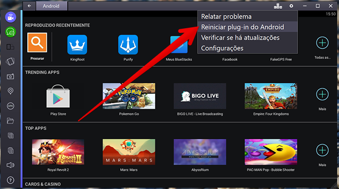 Reinicie o Android do Bluestacks para que tudo funcione corretamente (Foto: Reprodução/Filipe Garrett)