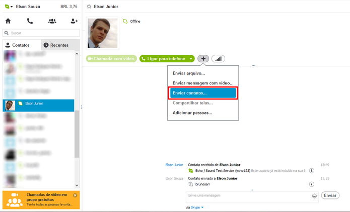 Skype oferece a opção de enviar contatos para pessoas que estejam na sua lista (Foto: Reprodução/Elson de Souza)