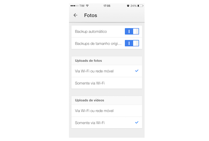 Definindo as opções do bakcup de fotos do iPhone com o Google Drive (Foto: Reprodução/Marvin Costa)