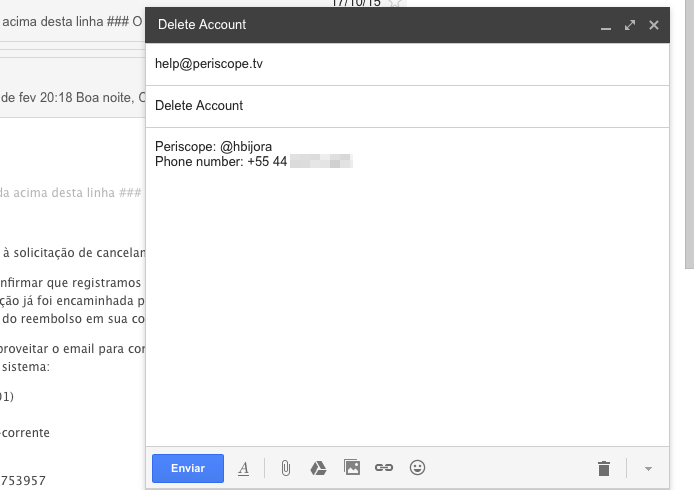 Enviando e-mail com os dados da conta para o Periscope (Foto: Reprodução/Helito Bijora)