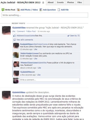 Grupo no Facebook estuda uma ação judicial coletiva contra a correção da redação do Enem (Foto: Reprodução)