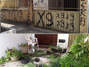 Casa no bairro Jaguaribe em João Pessoa amanheceu pichada (Foto: Walter Paparazzo/G1)