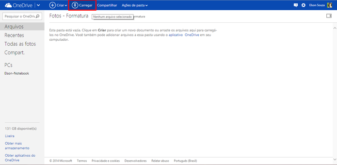 OneDrive pode receber novos arquivos através do botão carregar localizado na parte superior do navegador (Foto: Reprodução/Elson de Souza)