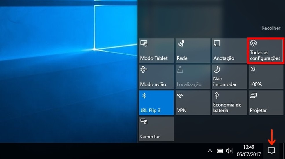 Botão para acesso às configurações completas do Windows 10 (Foto: Reprodução/Raquel Freire)
