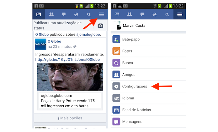 Acessando as configurações do Facebook Lite para Android (Foto: Reprodução/Marvin Costa)