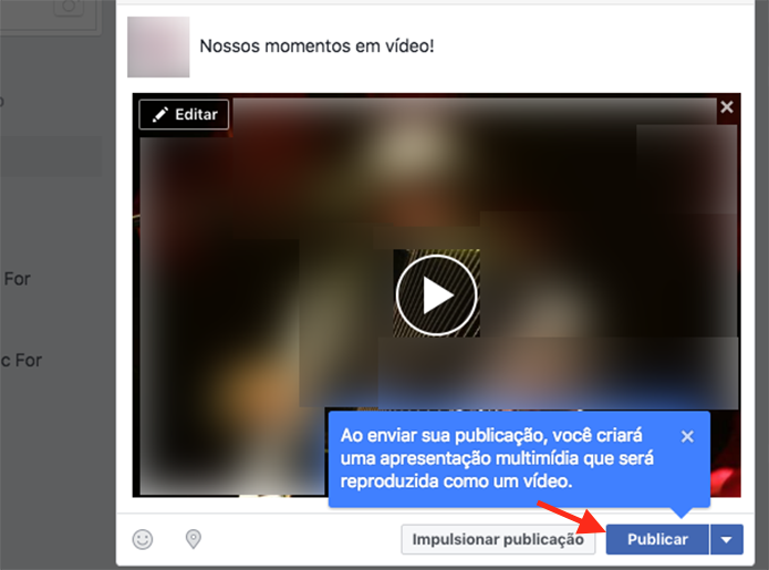Opção para publicar o vídeo criado com fotos em uma página do Facebook (Foto: Reprodução/Marvin Costa)