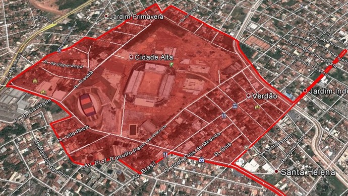 A área em vermelho estará fecha para o trânsito de veículos no dia do jogo (Foto: Portal da Copa)