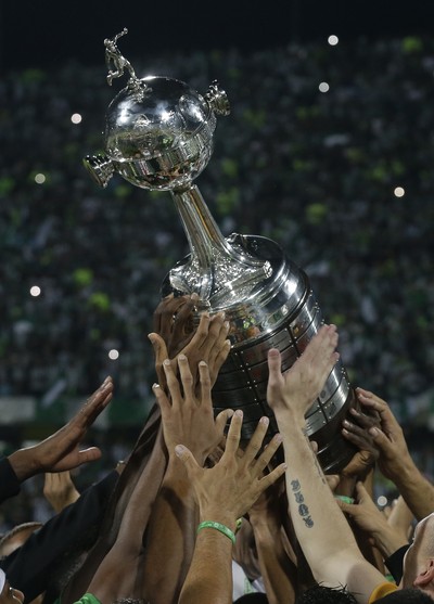 Troféu da Taça Libertadores erguido por várias mãos (Foto: AP/Dolores Ochoa)