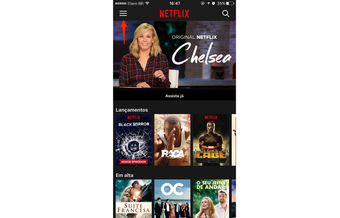 Abra o app do Netflix e clique no Menu, representado pelas três barras (Foto: Gabriella Fiszman/ TechTudo) (Foto: Abra o app do Netflix e clique no Menu, representado pelas três barras (Foto: Gabriella Fiszman/ TechTudo)) Abra o app do Netflix e clique no Menu, representado pelas três barras (Foto: Gabriella Fiszman/ TechTudo) (Foto: Abra o app do Netflix e clique no Menu, representado pelas três barras (Foto: Gabriella Fiszman/ TechTudo))